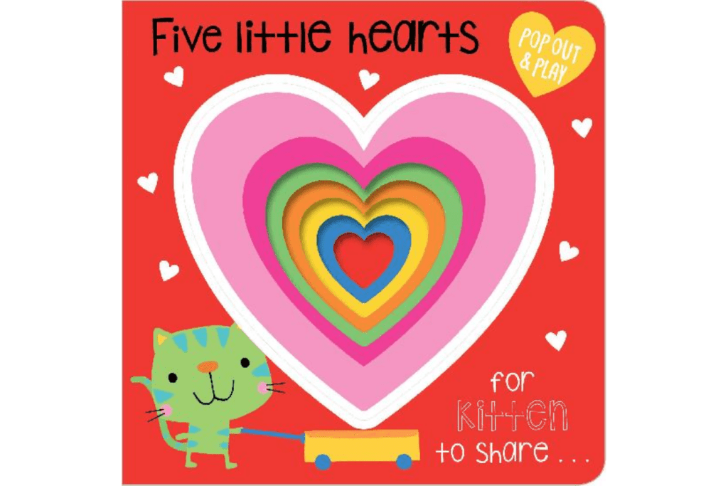 Five Little Hearts Pop Out and Play Board Book, Make Believe Ideas, 10 pages, newborn and up, interactive book, book and a puzzle, Valentine&#39;s Day, best books for infants, The Montessori Room, Toronto, Ontario, Canada. 