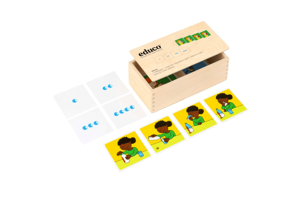 Four Stages Story, Educo, toys that develop story telling skills, toys that help to develop logical thinking, toys that develop language skills, self-correcting, classroom quality materials, The Montessori Room, Toronto, Ontario. 