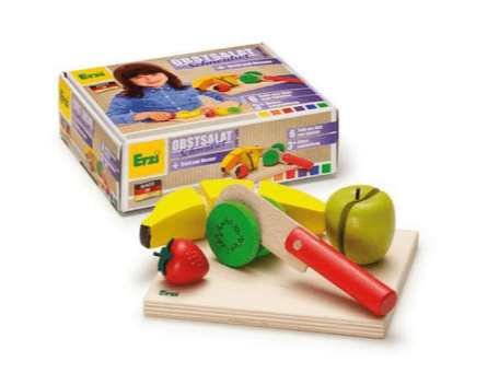 Fruit Salad Cutting Set - The Montessori Room, Toronto, Ontario, Canada, cutting set, wooden fruit, wooden cutting set, Erzi, velcro fruit, Montessori materials, Montessori practical life materials, shelf work, toddler cutting set