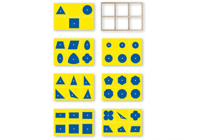 The Geometry Insets , introduction to plane geometry,  thirty-five geometric insets and frame, original design by Maria Montessori, Made by GAM (Gonzagarredi Montessori) and certified AMI-approved, Casa materials, Primary materials, classroom quality, The Montessori Room, Toronto, Ontario.