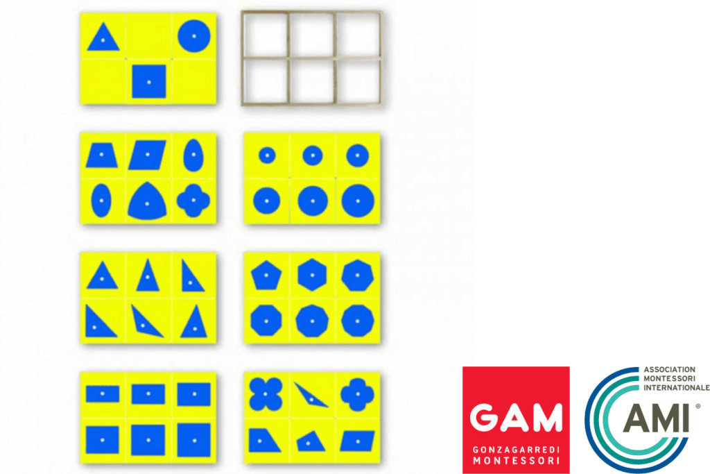 The Geometry Insets , introduction to plane geometry, thirty-five geometric insets and frame, original design by Maria Montessori, Made by GAM (Gonzagarredi Montessori) and certified AMI-approved, Casa materials, Primary materials, classroom quality, The Montessori Room, Toronto, Ontario.