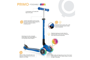 Globber Primo Foldable Scooter with Lights, award winning scooter for 3 year old, award winning scooter for 4 year old, award winning scooter for 5 year old, battery free lights, LED light up wheels, adjustable height, wide deck, ergonomic grips, gross motor toys for kids, The Montessori Room, Toronto, Ontario, Canada. 