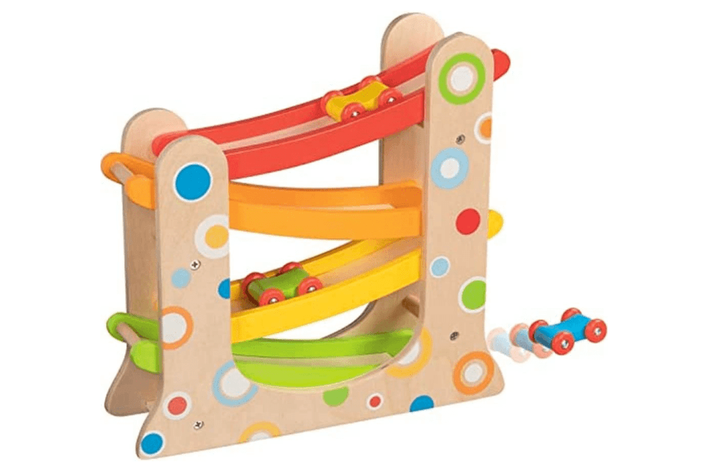 Goki 53810 Car Racing Track with 3 Cars, small ball run, visual tracking toy for toddlers, Montessori ball run, Toronto, Canada, The Play Kits by Lovevery, Lovevery, Montessori toy subscription, buy Lovevery item individually, Lovevery Canada, Lovevery in store, The Adventurer Play Kit 16 - 18 Months