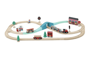 Grand Express Train Set by Vilac, artwork by Ingela P. Arrhenius, 40 piece wooden train set, compatible with other wooden train sets, 3 years and up, wooden toys Canada, classic toys for kids, best toys for kids, toys for train lovers, The Montessori Room, Toronto, Ontario, Canada. 