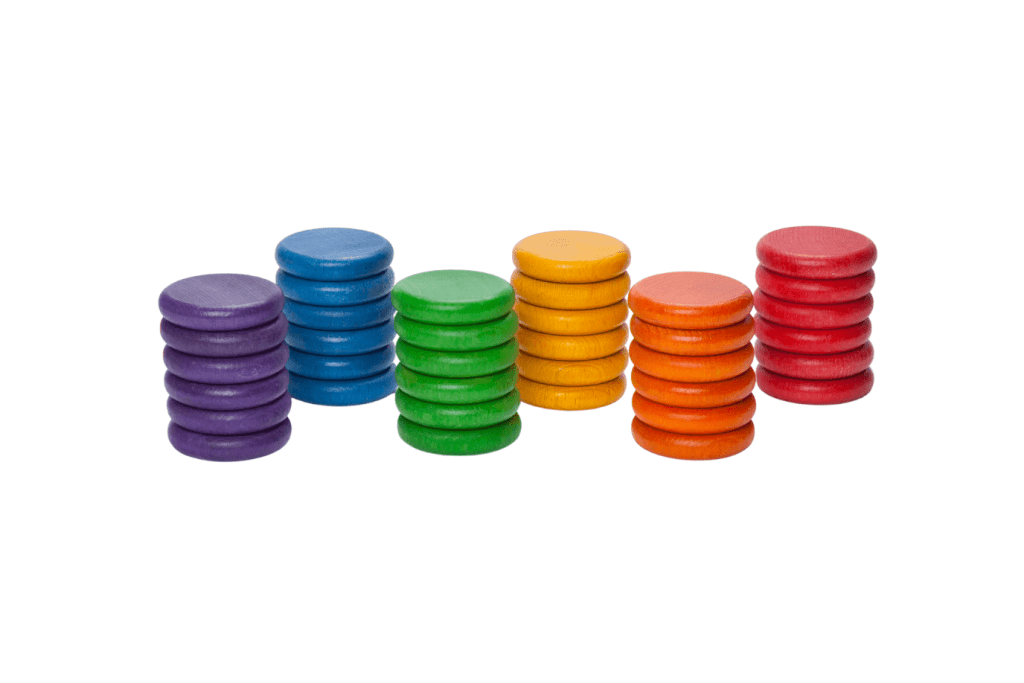 Grapat Wooden Coins (6 colours), 18 pieces, Grapat Toys, Grapat loose parts, wooden loose parts, wooden toys, construction toys, building toys, open ended toys, imaginative play, best toys for 3 year old, wooden coins, rainbow coins, The Montessori Room, Toronto, Ontario, Canada