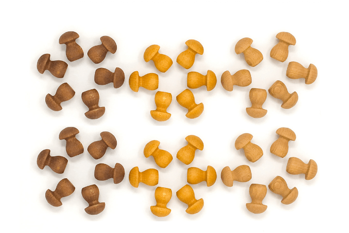 Grapat Wooden Mandala Mushrooms (Browns), 36 pieces. Grapat Toys, Grapat loose parts, Grapat mushrooms, brown mushrooms, wooden mushrooms, wooden loose parts, math toys, building toys, educational toys, open ended toys, imaginative play, mindfulness, The Montessori Room, Toronto, Ontario, Canada