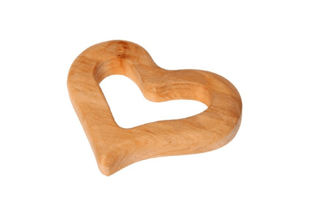 Grasping Heart by Grimms, toys for newborn, toys for infant, toys that help develop the hand, teether for infants, infant gift for Valentine's Day, European-sourced alder, non-toxic plant-based oil finish, 10 cm, The Montessori Room, Toronto, Ontario, Canada. 