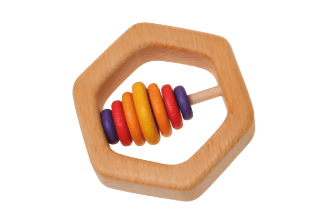 Grimm's Hexagon Rattle with 7 Discs, Grimm's Toys, Grimm's rattle, Grimm's teething toy, wooden rattle, wooden teething toy, beautiful baby toys, infant rattle, baby's first toy, best gift for baby, The Montessori Room, Toronto, Ontario, Canada, Montessori infant toys