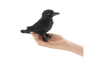 Mini Finger Puppets by Folkmanis Puppets - Raven, Halloween, realistically designed, imaginative play, language development, prop for circle time, prop for music class, 3 years and up, kindergarten quality finger puppet, The Montessori Room, Toronto, Ontario, Canada.