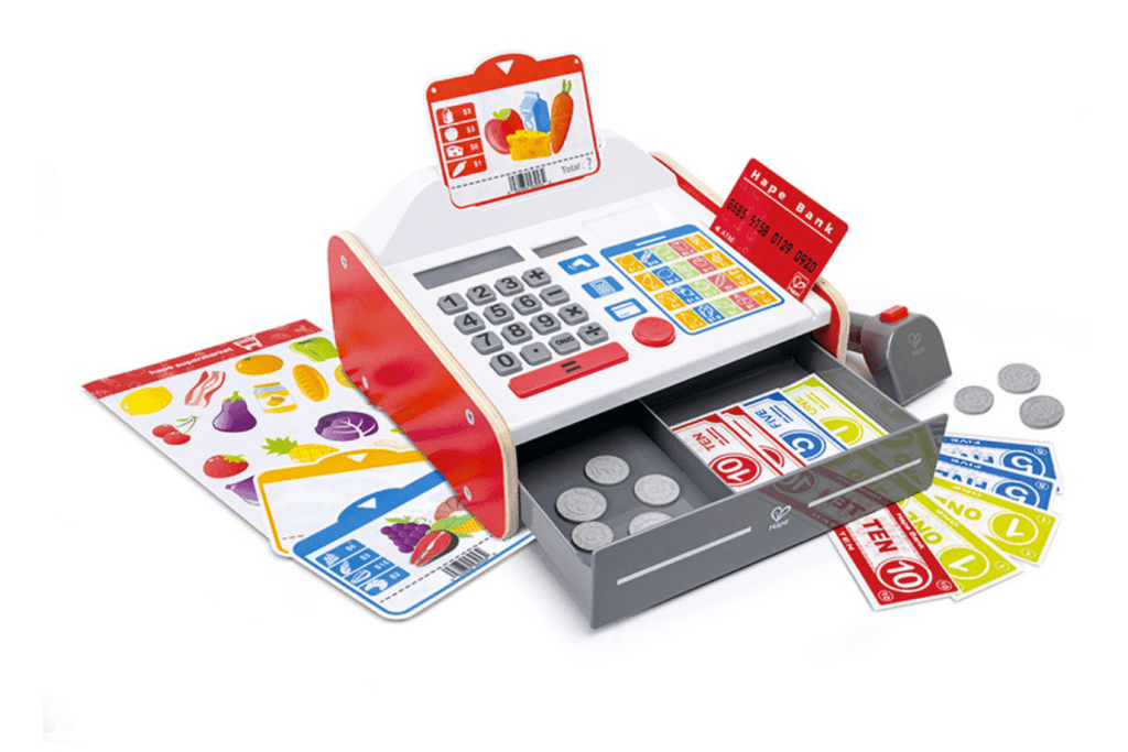 Hape Beep &#39;n&#39; Buy Cash Register, pretend cash register for kids, features solar-powered calculator, scanner that beeps and lights up, includes three two-sided screen cards with a sheet of stickers to make grocery lists, one bank card, nine coins and nine pieces of pretend paper money, ages 3 and up, imagination, best gift for children who love to play pretend, early math skills, The Montessori Room, Toronto, Ontario, Canada. 