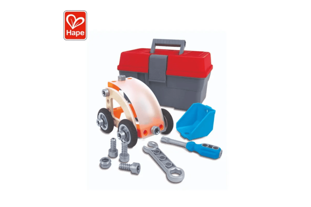 Hape Build &#39;N&#39; Drive Car Set, Includes 35 pcs. A wrench, a screwdriver, 4 tires, a dumper and some nuts and bolts, ages 3 and up, includes instructions to build 5 different types of cars,  imagination, creativity, best toys for little builders, best toys for little engineers, toys for children who love tools, The Montessori Room, Toronto, Ontario, Canada. 
