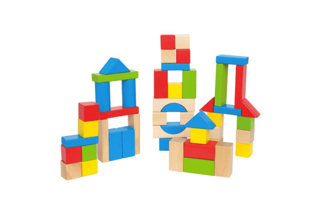 Hape Maple Blocks, block set for infants and toddlers, 50 maple blocks, 5 different colours, cloth bag for storage, 12 months and up, dexterity, hand-eye coordination and fine motor skills, wooden toys for infants and toddlers, The Montessori Room, Toronto, Ontario, Canada. 