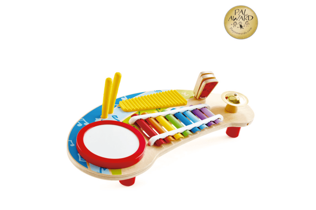 Hape Mighty Big Band, 5-in-1 band set, Includes drum, xylophone, cymbal, scratch board, clapper and two sticks, instruments for toddlers, 2 years and up, all in one instrument set for kids, award winning instrument set for toddlers, sensory toys for toddlers, The Montessori Room, Toronto, Ontario, Canada. 