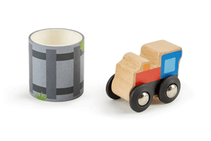 Hape Tape & Roll Vehicles - Train, wooden train, scenery tape, tape is 3 metres long, tape to floor, table, tray or window, travel toy, 2 years and up, wooden toys, imaginative play, train lovers, The Montessori Room, Toronto, Ontario, Canada.