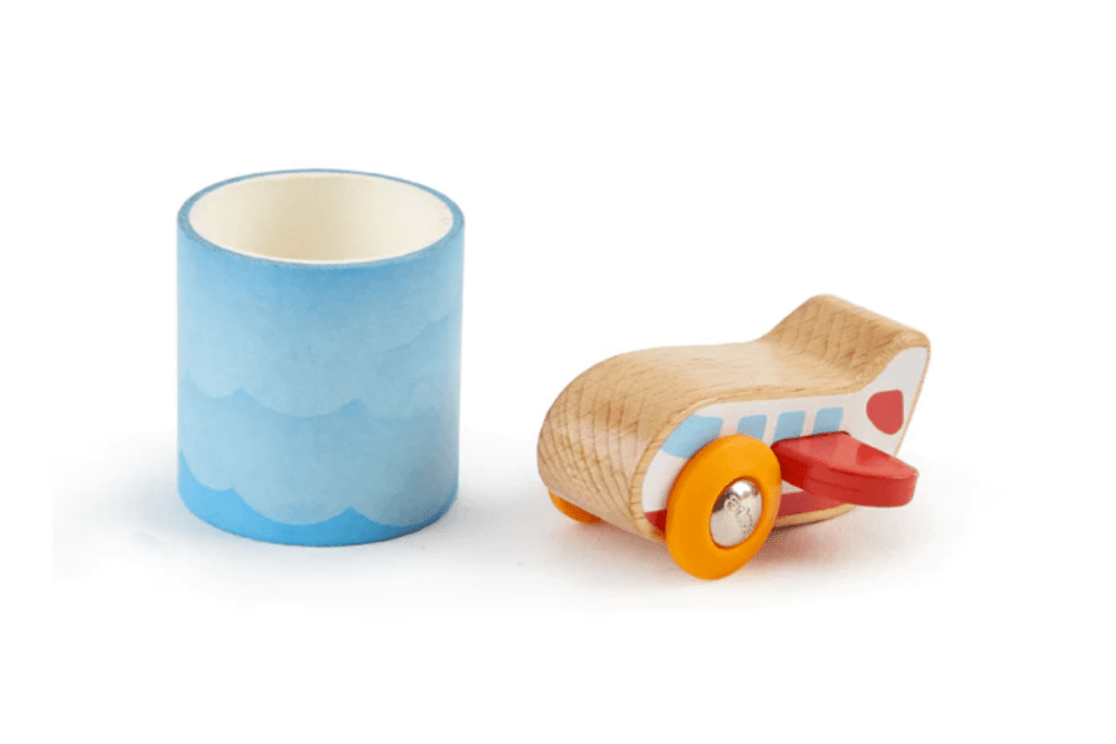 Hape Tape &amp; Roll Vehicles - Plane, wooden airplane, scenery tape, tape is 3 metres long, tape to floor, table, tray or window, travel toy, 2 years and up, wooden toys, imaginative play, plane lovers, The Montessori Room, Toronto, Ontario, Canada.