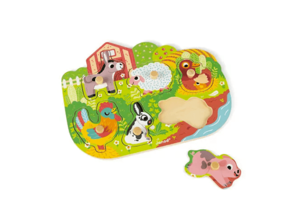 Janod Happy Farm Peg Puzzle, The Montessori Room, Toronto, Ontario, Canada, Janod, beginner puzzle, animal puzzle, wooden puzzle, educational toys, best gift for 2 year old, puzzles for 18 month olds