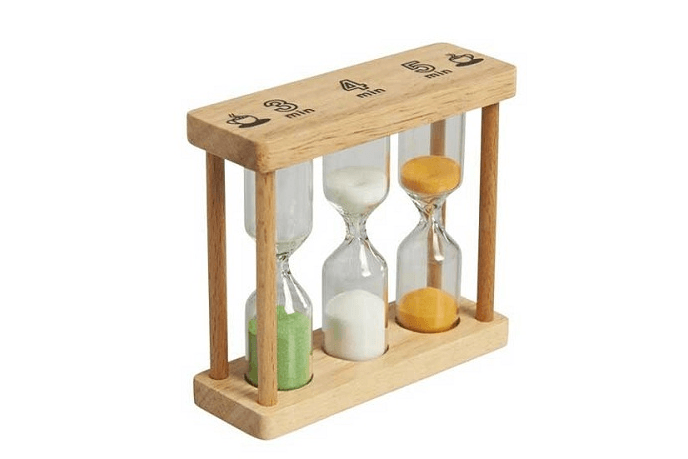 Hourglass - The Montessori Room, Toronto, Ontario, Canada, Montessori materials, Montessori tools, teaching time, telling time, children's hour glass, toddler hour glass, 3 minute, 4 minute, 5 minute, visual timer, visual time