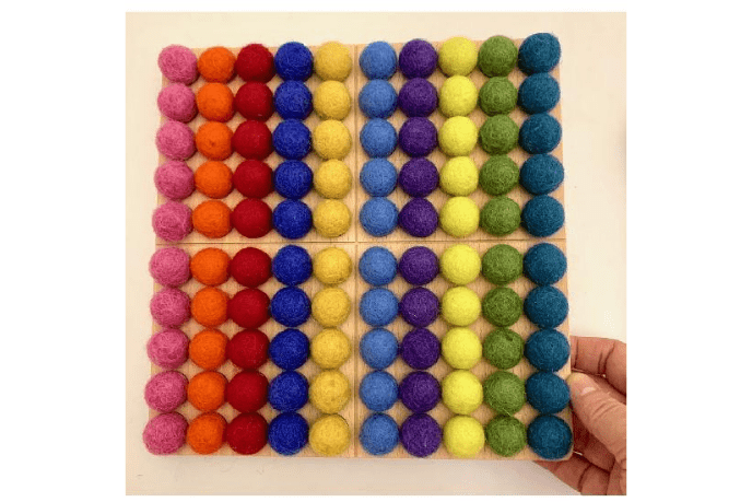 Hundreds Board with Bright Felt Balls (2cm diameter) - The Montessori Room, Toronto, Ontario, Canada, Papoose, felt balls, math toys, math activities, tools that help teach children math, math manipulatives, Montessori materials, Montessori tools, Montessori shelf work, educational tools, educational toys, sensory toys