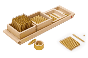 Introduction to the Decimal System: Individual Beads (Nylon), Montessori math materials, concrete learning of decimal system, Casa classroom materials, Primary classroom materials, 9 Individual Unit Beads, 9 Bars of 10, 9 Squares of 100, 1 Cube of 1000, 3 Wooden Boxes, 1 Wooden Unit Tray, A Wooden Tray, hands-on learning, GAM, AMI-approved,The Montessori Room, Toronto, Ontario.