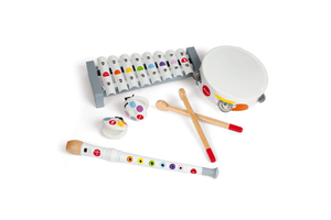 Janod Instrument Set, wooden instruments, 2 to 5 years, xylophone, tambourine, flute, castanets, best instruments for toddlers, The Montessori Room, Toronto, Ontario, Canada. 