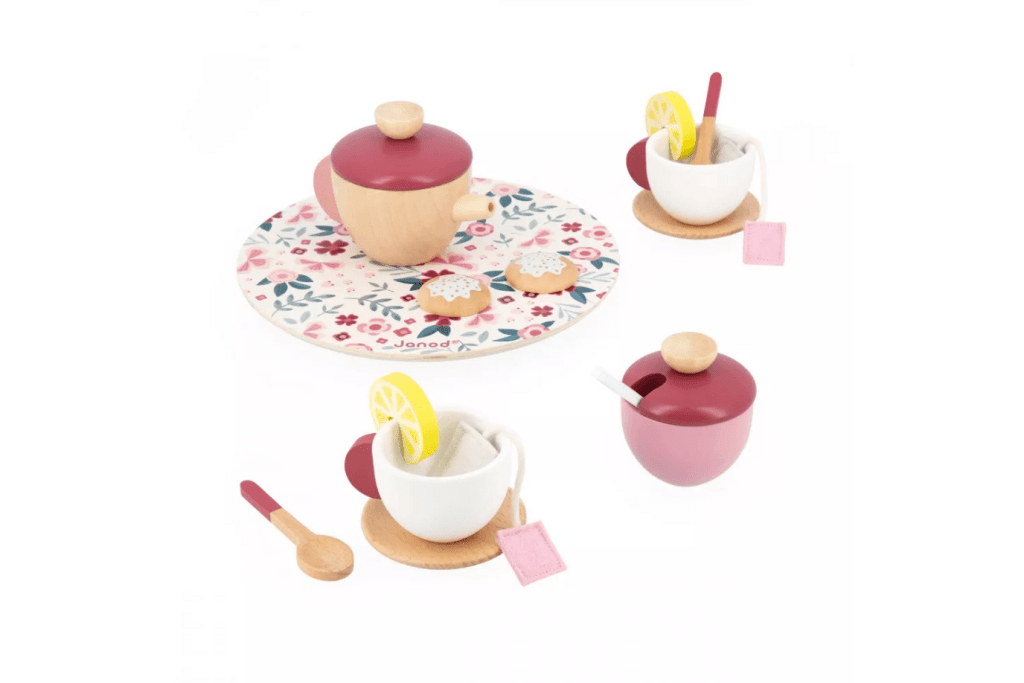 Janod Wooden Tea Set, 16 pieces, 2 to 5 years, afternoon tea, pretend play, imaginative play, tea party play, best tea sets for kids, The Montessori Room, Toronto, Ontario, Canada. 