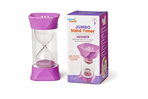 Jumbo Sand Timer - 10 Minutes by hand2mind, Toronto, Ontario, Canada.  The Montessori Room.  Visual aids for children, help with transitions, visual cues in classroom, classroom management, daily routine, home routine, toddlers, learning to tell time, preschool, time management, extra large timer, durable sand timer, 3 years and up.