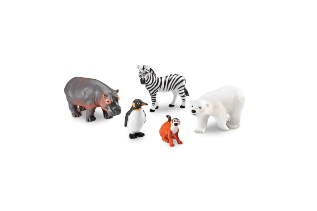 Learning Resources Jumbo Zoo Animals, 18 months and up, realistic figurines, hippo, zebra, penguin, monkey, polar bear, Montessori language materials, FREE Nomenclature Cards, The Montessori Room, Toronto, Ontario, Canada. 
