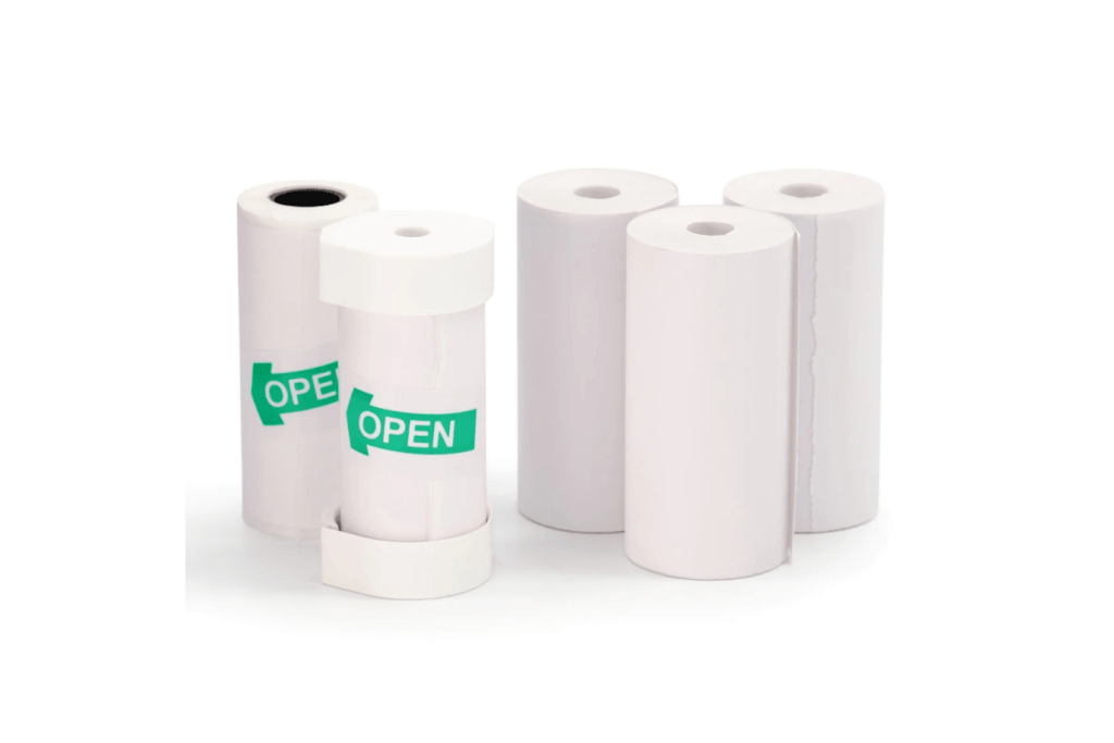 Kidamento Instant Print Paper Refill (5 Rolls) - Model P, paper refills for Kidamento cameras, compatible with VTech Kidizoom PrintCam, 3 regular rolls, 2 adhesive rolls, 300 photos, BPA-free, BPS-free, 28mm diameter and 57mm width, 10 year grade thermal paper, The Montessori Room, Toronto, Ontario, Canada. 