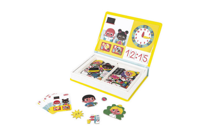 Learn To Tell The Time Magneti'book - The Montessori Room, Toronto, Ontario, Canada, Magneti'book, games to learn time, telling time games, Janod, magnet games, travel toys, travel games, analog clock games, teaches time, teaches young kids about time, digital time