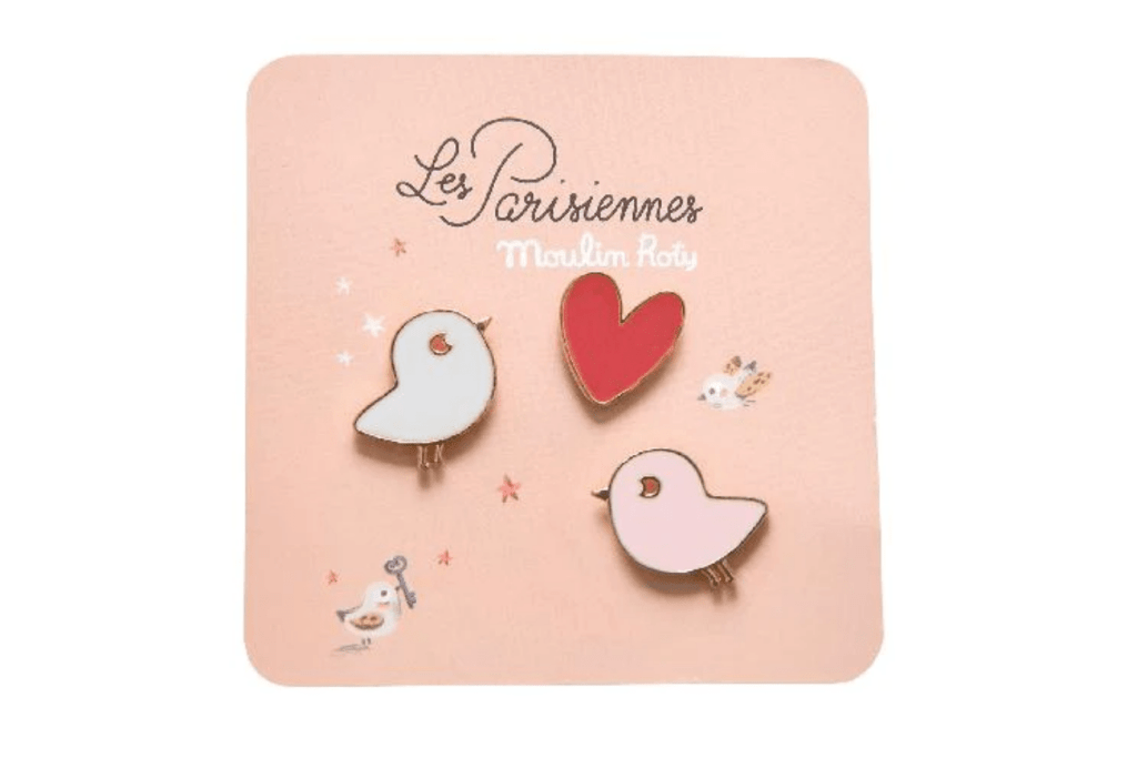 Parisiennes - Birds Lacquered Pins (set of 3), two birds and a heart, Illustrated by Lucille Michieli, Moulin Roty, Valentine&#39;s Day gifts for kids, small gifts for kids, loot bags, stocking stuffers, 3 and up, The Montessori Room, Toronto, Ontario, Canada.