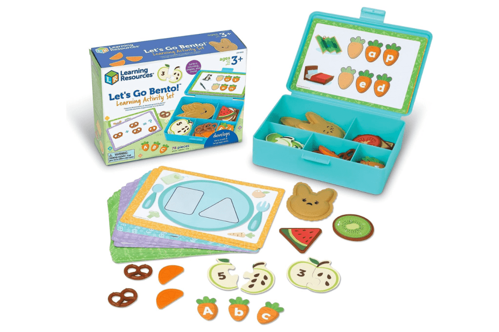 Learning Resources Let's Go Bento! Learning Activity Set, 78 Pieces, Ages 3+, Preschool Learning Activities, Toddler Toys, Learning & Education Toys, fine Motor Skills, early math skills, learning shapes, learning letter, early numeracy activities, preschool math activities, preschool activities, preschool letter activities, Toronto, Canada