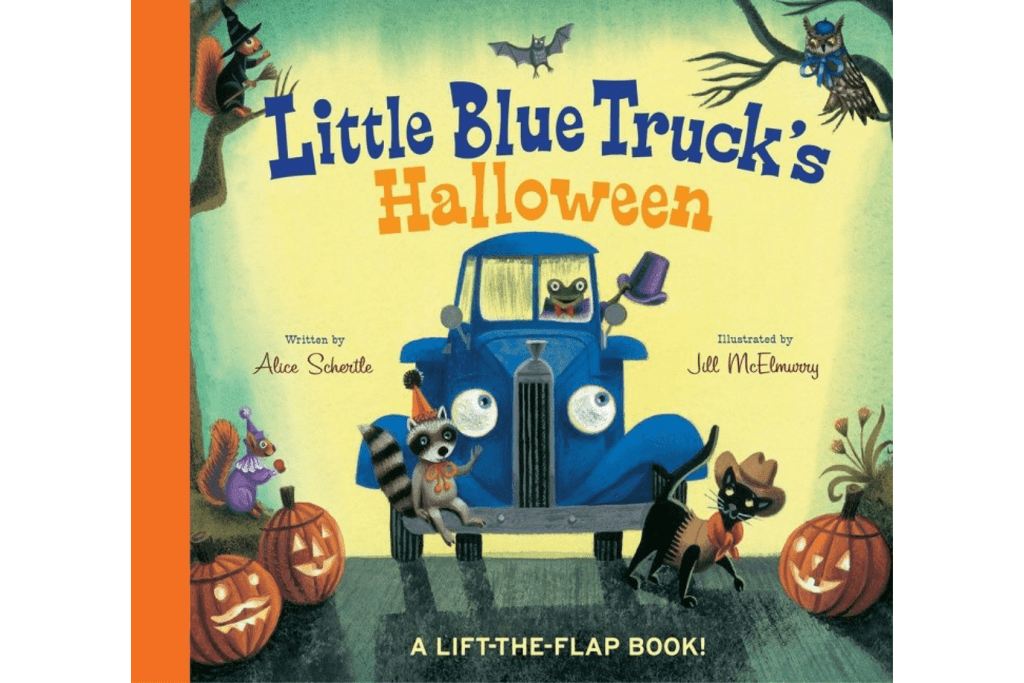 Little Blue Truck&#39;s Halloween by Alice Schertle, a lift-the-flap book, 0-3 years, board book, books for toddlers about Halloween, farm animals, cars and trucks, holiday books for toddlers, books about fall for toddlers, The Montessori Room, Toronto, Ontario, Canada. 