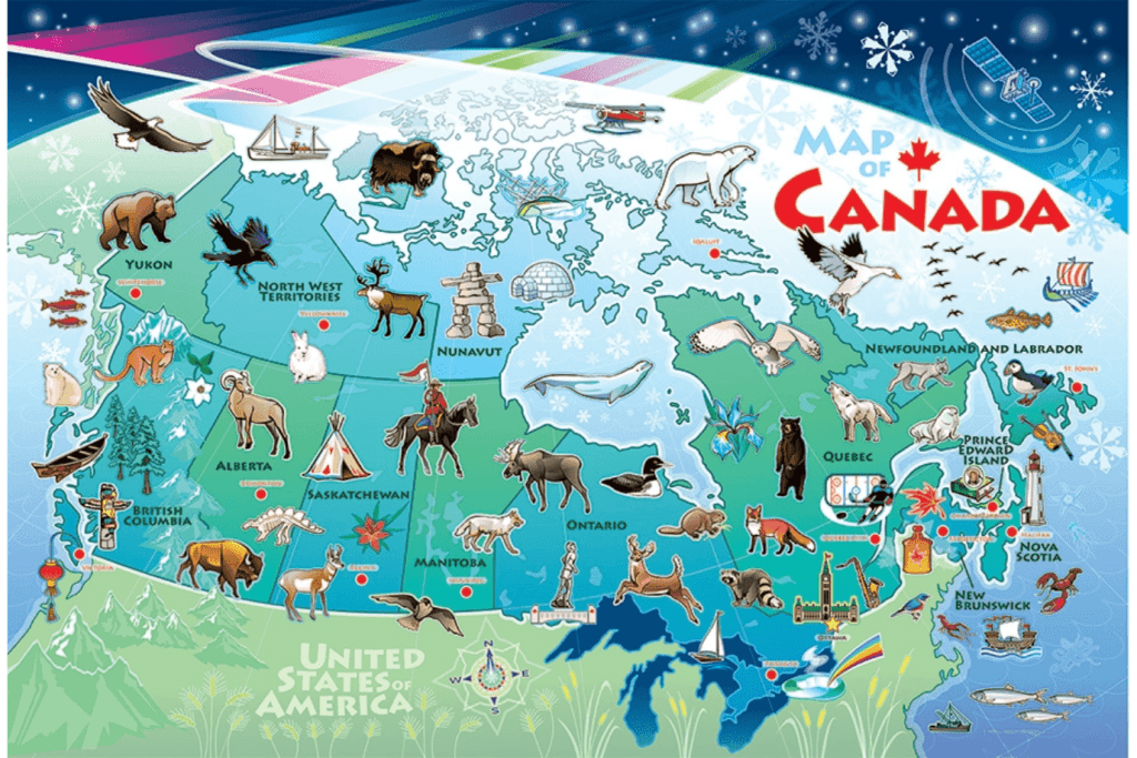 Map of Canada Floor Puzzle by Cobble Hill, Cobble Hill Puzzles, puzzles about Canada, educational puzzles, storytelling puzzles, floor puzzles, best puzzles for kids, big floor puzzles, The Montessori Room, Toronto, Ontario, Canada, Outset Media, 48 piece puzzles