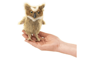Mini Finger Puppets by Folkmanis Puppets - Great Horned Owl, realistically designed, imaginative play, language development, prop for circle time, prop for music class, 3 years and up, kindergarten quality finger puppet, The Montessori Room, Toronto, Ontario, Canada.