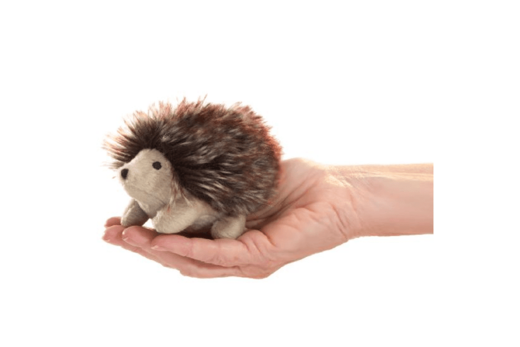 Mini Finger Puppets by Folkmanis Puppets - Hedgehog, realistically designed, imaginative play, language development, prop for circle time, prop for music class, 3 years and up, kindergarten quality finger puppet, The Montessori Room, Toronto, Ontario, Canada.