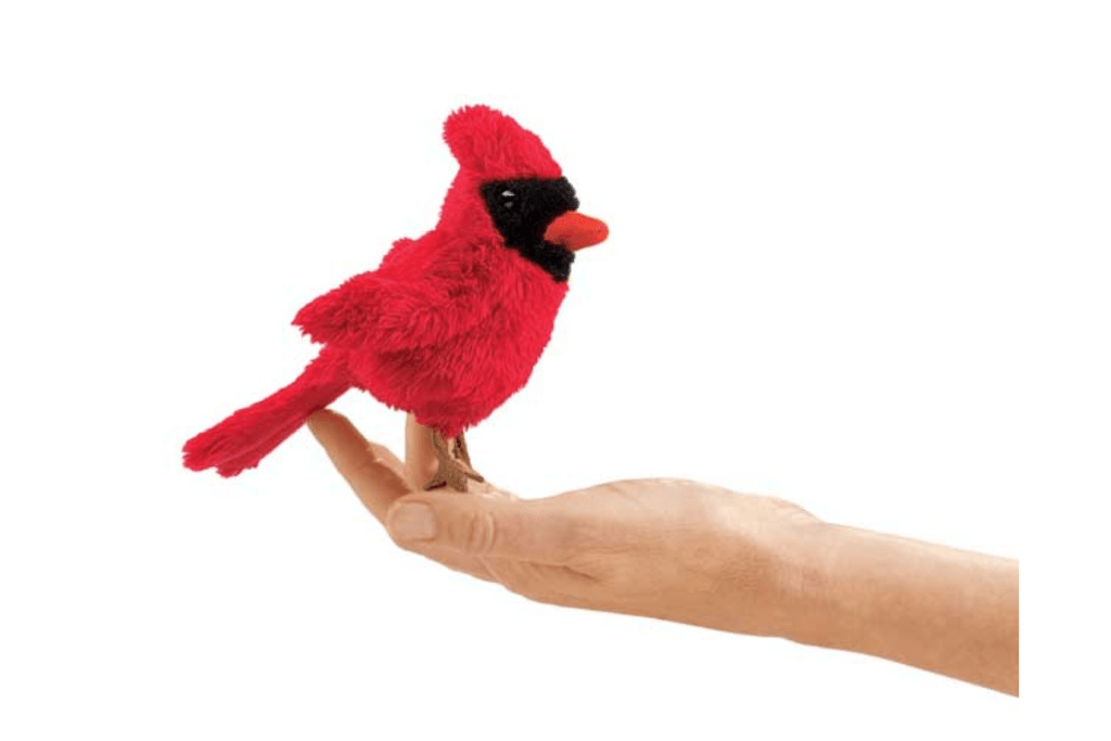 Mini Finger Puppets by Folkmanis Puppets - Cardinal, realistically designed, imaginative play, language development, prop for circle time, prop for music class, 3 years and up, kindergarten quality finger puppet, The Montessori Room, Toronto, Ontario, Canada.
