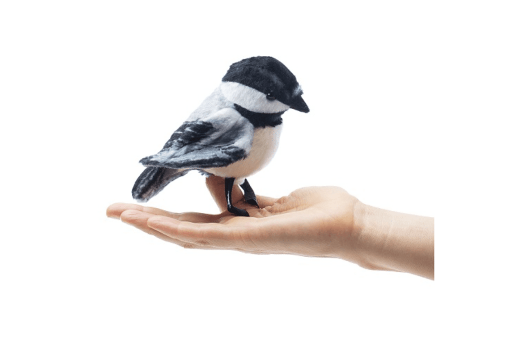 Mini Finger Puppets by Folkmanis Puppets - Chickadee, realistically designed, imaginative play, language development, prop for circle time, prop for music class, 3 years and up, kindergarten quality finger puppet, The Montessori Room, Toronto, Ontario, Canada.
