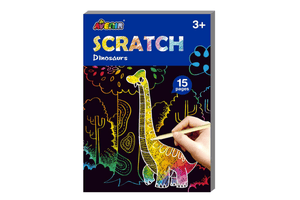 Mini Scratch Books by Avenir - Dinosaurs, 15 pages of themed scratch art, wooden stylus included, travel toy, art on the go, 3 years and up, independent play, concentration and focus, stocking stuffers for children, The Montessori Room, Toronto, Ontario, Canada.