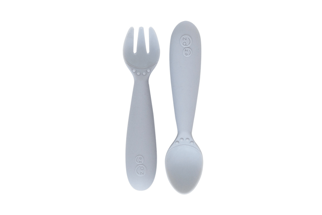 Mini Utensils (Fork &amp; Spoon), ezpz, silicone utensils, toddler utensils, Pewter, The Montessori Room, Toronto, Ontario, Canada. 