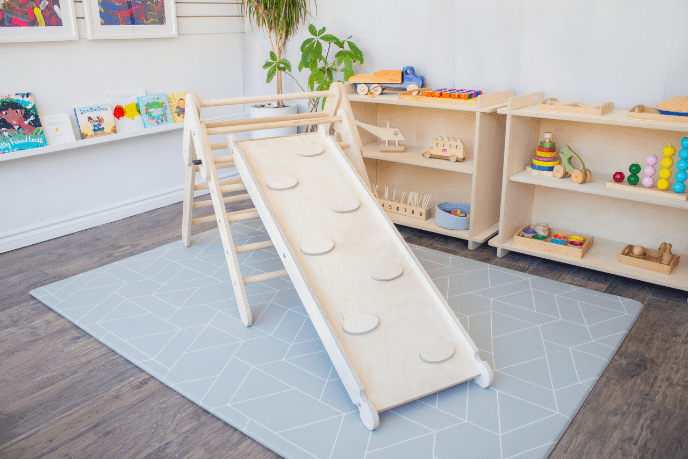 Montessori Climbing Triangle Ramp - The Montessori Room, Toronto, Ontario, Canada, Made in Canada, wooden ramp, Pikler ramp, ladder ramp, rope ramp, climbing ramp, Montessori ramp, Montessori slide, Montessori climbing toys, Pikler Triangle, Montessori triangle ramp, climbing ramp