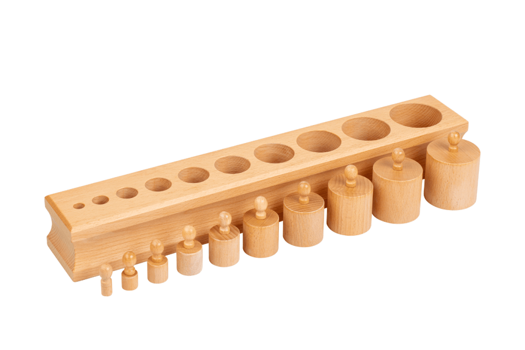 Montessori Cylinder Block (No. 1), GAM Montessori materials, AMI approved, Casa sensorial material, Primary sensorial material, Montessori sensorial material, Beechwood, Cylinder block series, Montessori materials that develop visual discrimination skills by size, Montessori materials that help to develop hand-eye coordination and fine motor control, The Montessori Room, Toronto, Ontario.