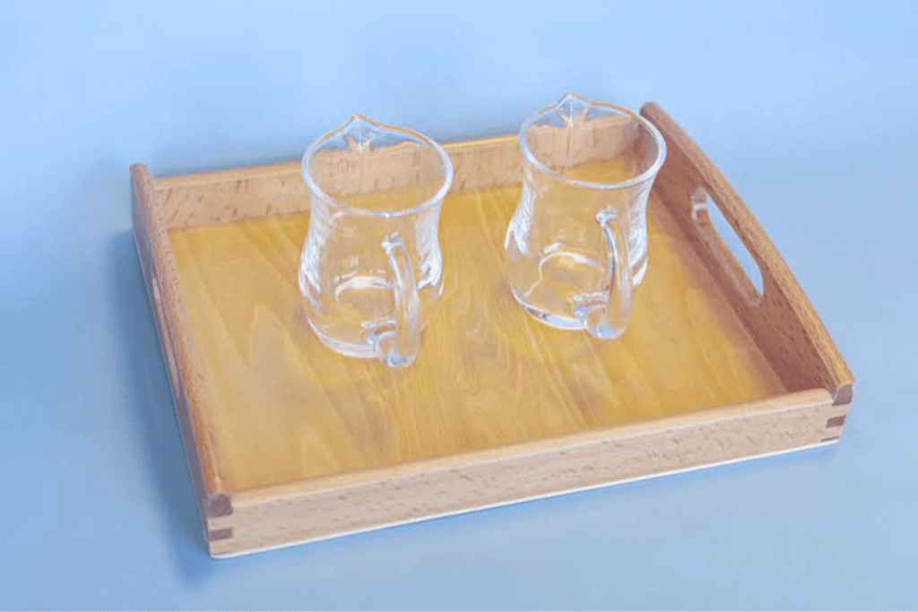 Montessori Dry Pouring Activity - includes 2 Glass Pitchers & Wooden Tray