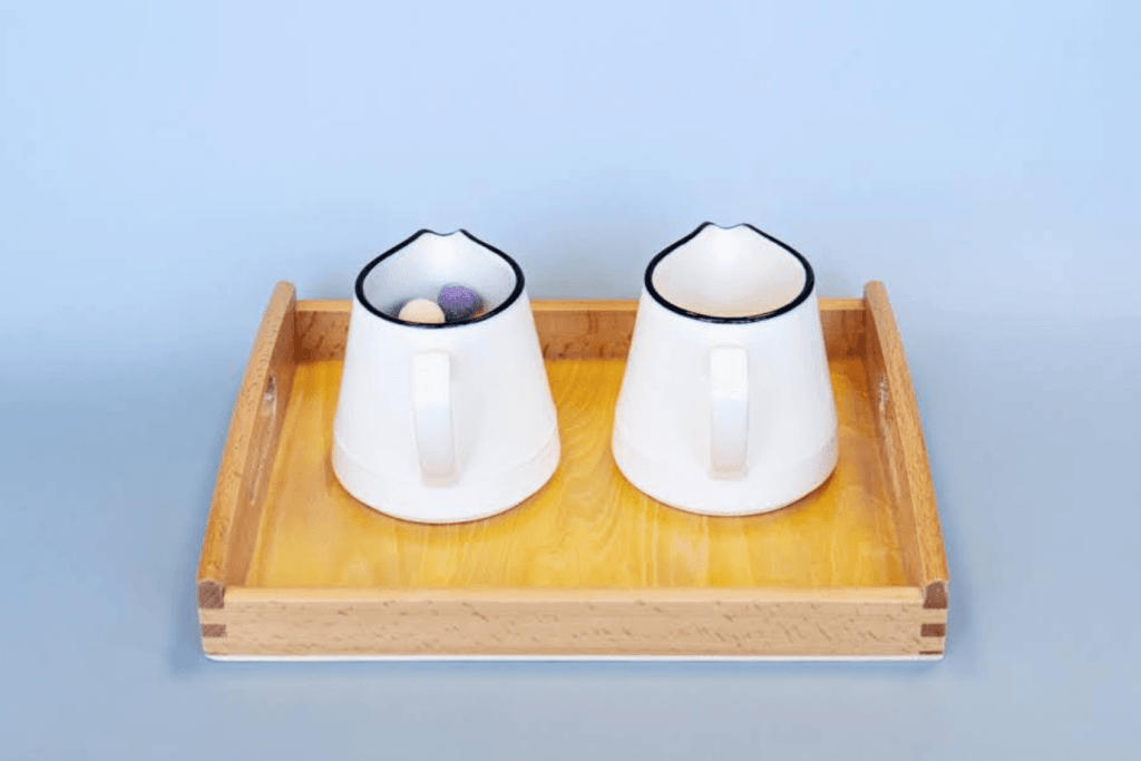 Montessori Dry Pouring Activity - includes 2 Porcelain Pitchers & Wooden Tray