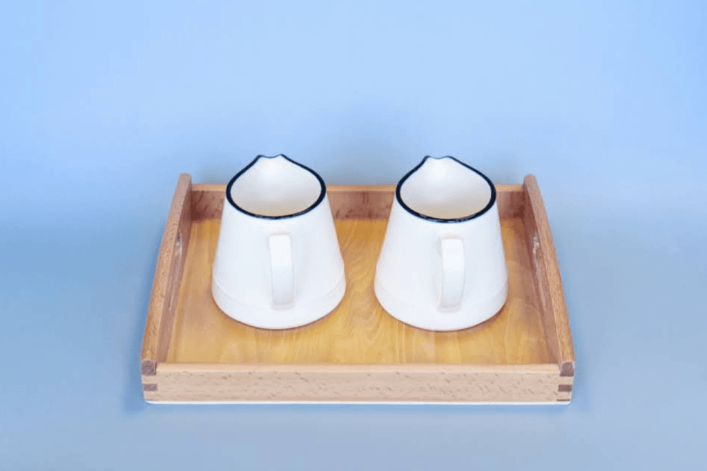 Montessori Dry Pouring Activity - includes 2 Porcelain Pitchers & Wooden Tray