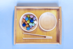 Montessori Tonging Activity - Papoose Balls - includes Tongs, Tray, Bowls and Papoose Felt Balls