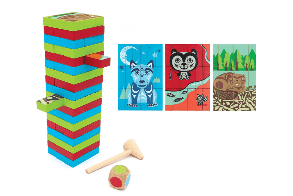 Multi-Game Wooden Blocks Set - Indigenous Animals by Simone Diamond, toys by Indigenous artists, toys by Canadian Indigenous artists, wooden blocks for kids, games for kids, best gift for a 4 year old, best gift for a 5 year old, best gift for a 6 year old, family games, imaginative play.