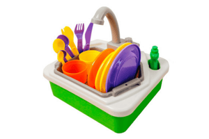 My Kitchen Sink (Real Running Water) by Keenway, Includes: 1 kitchen sink with drying rack and pretend dish soap, 2 plates, 2 forks, 2 knives, 4 spoons, 2 cups with saucer, ages 2 and up, motorized pump keeps water circulating,  pretend play, best pretend play gifts for kids, lovevery playkit, lovevery subscription box, The Helper playkit 25 to 27 months, buy lovevery toys separately, The Montessori Room, Toronto, Ontario, Canada. 