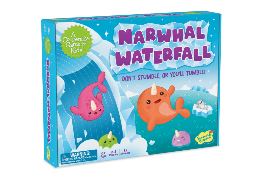 Narwhal Waterfall Peaceable Kingdom, cooperative games for a 6 year old, cooperative games for a 7 year old, cooperative games for a 8 year old, family games for little kids, best games for family game night, coop games for kids, Toronto, Canada
