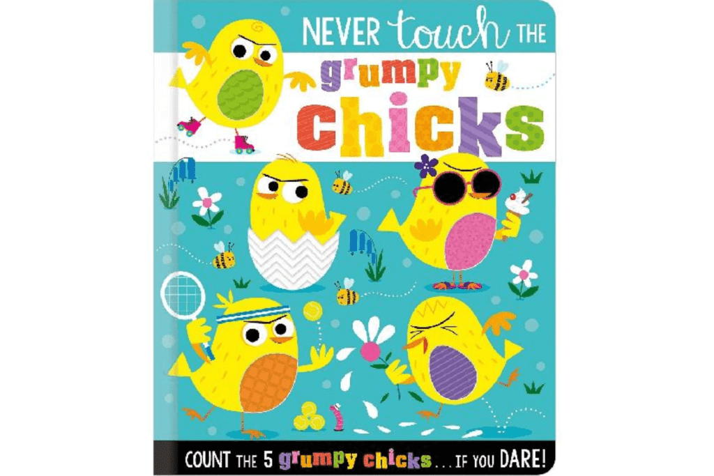 Never Touch the Grumpy Chicks!, touch and feel books for infants, textured book, counting down from 5, funny book, safety rated for newborns and up, board book, best children's books, The Montessori Room, Toronto, Ontario, Canada. 