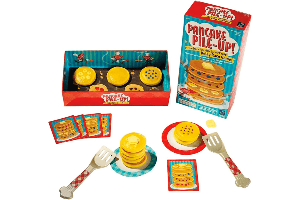 Pancake Pile-Up Relay Game, best games for kids, best games for a four year old, five year old, six year old, 4, 5, 6, learning games for kids, counting games for kids, Toronto, Canada, Educational insights